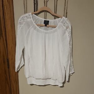 JM Collection White Lace-Sleeve Peasant Blouse